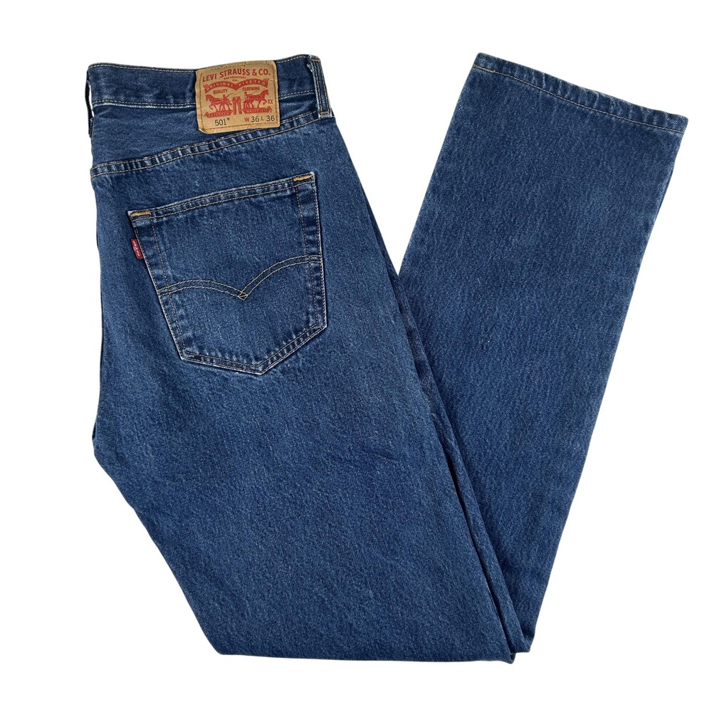 Levis 501 Jeans Mens 36x34 Blue Medium Wash Straight Button Fly WaterLess